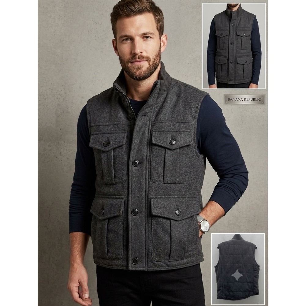 Banana Republic Men Wool‎ Blend Utility Vest Charcoal Gray Quilted Puffer $129-S
